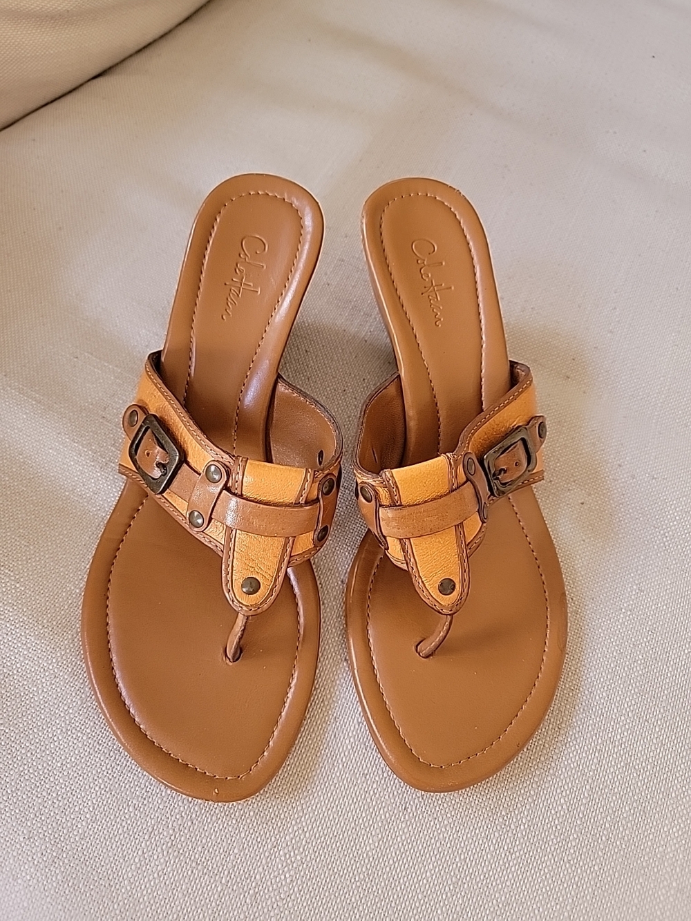 Cole Haan Tan Leather Thong Sandals with Buckle Detail Size 8